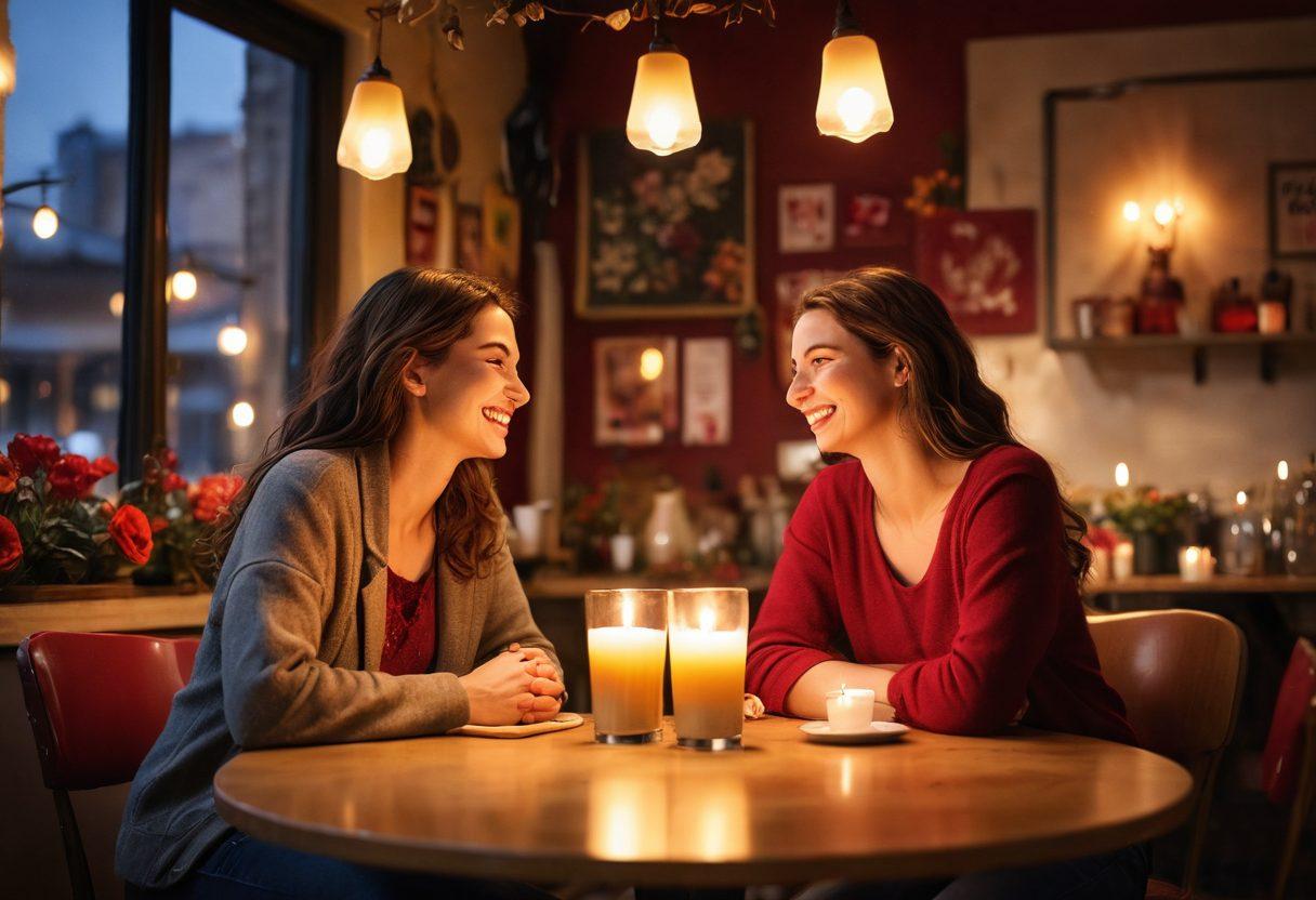 A heartwarming scene featuring two friends sharing laughter and deep conversations in a cozy café, surrounded by subtle symbols of love like intertwined hearts, blooming flowers, and soft candlelight. The background transitions from warm tones symbolizing friendship to passionate reds and golds representing romance. Lightly blurred edges to create a dreamy atmosphere. super-realistic. vibrant colors.