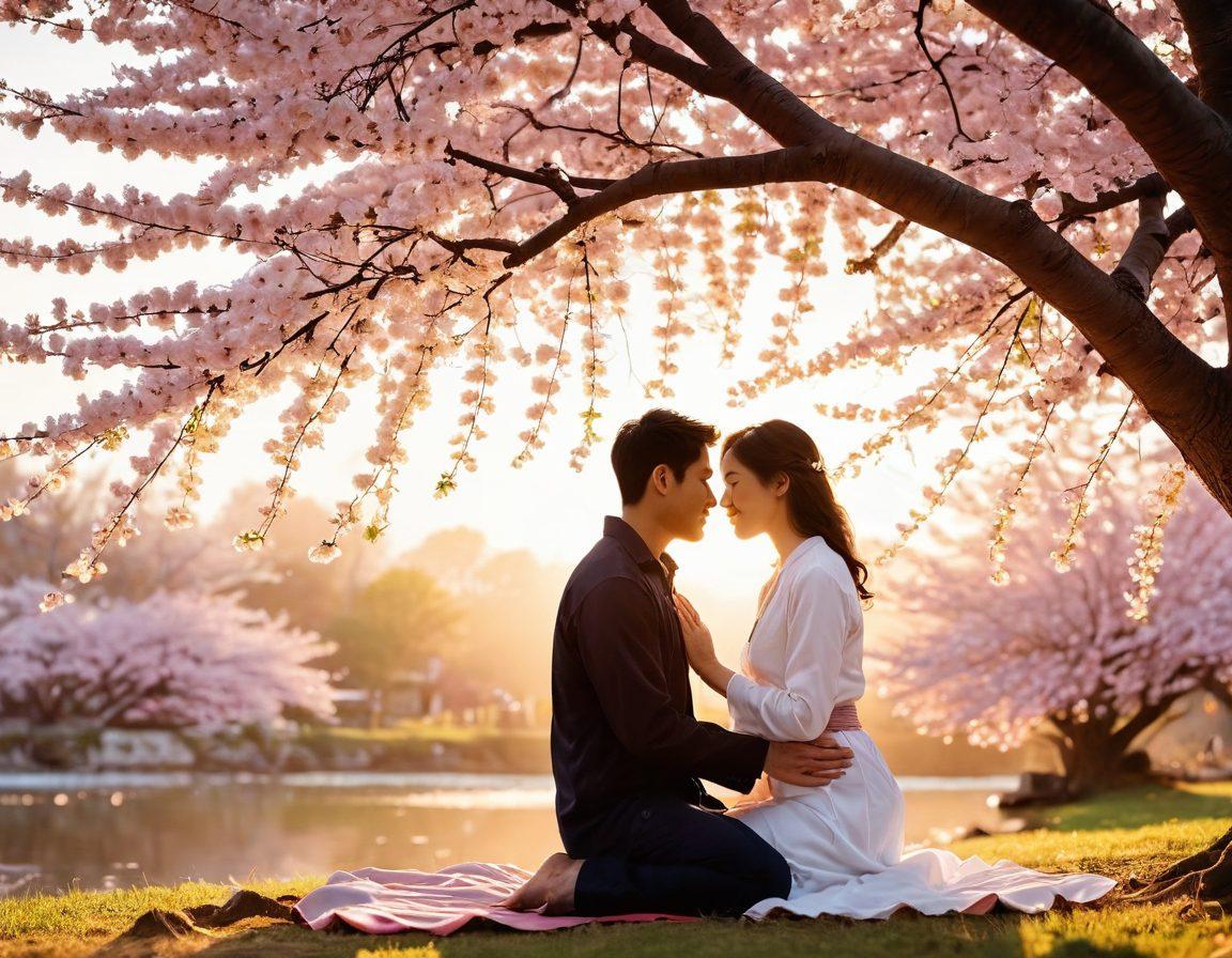 A serene setting featuring a couple sharing a tender moment under a blooming cherry blossom tree, illuminated by soft golden sunlight, with heart-shaped petals gently falling around them. Include symbols of love, like intertwined hands and subtle heart motifs in the background. The atmosphere should evoke warmth and intimacy, capturing the essence of love stories. super-realistic. vibrant colors. soft focus.