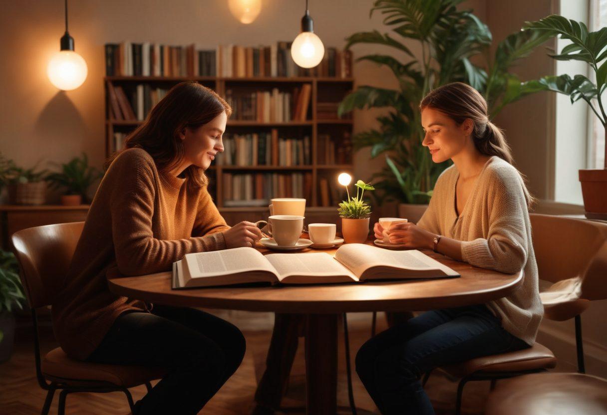 A warm, inviting scene featuring two people engaged in a heartfelt conversation over coffee, surrounded by soft ambient lighting. Include elements like open books and plants to symbolize growth and knowledge. In the background, subtle heart shapes to represent emotional connection. The setting should feel cozy and intimate. super-realistic. warm colors. soft focus.